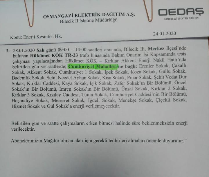 bilecik elektrik kesintisi