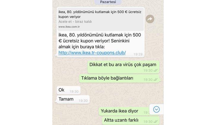 ikea markasi kullanilarak whatsapp uzerinden gönderilen sahte baglanti