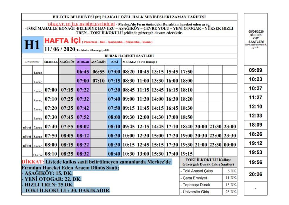 bilecik minibüs saatleri H1 hafta ici