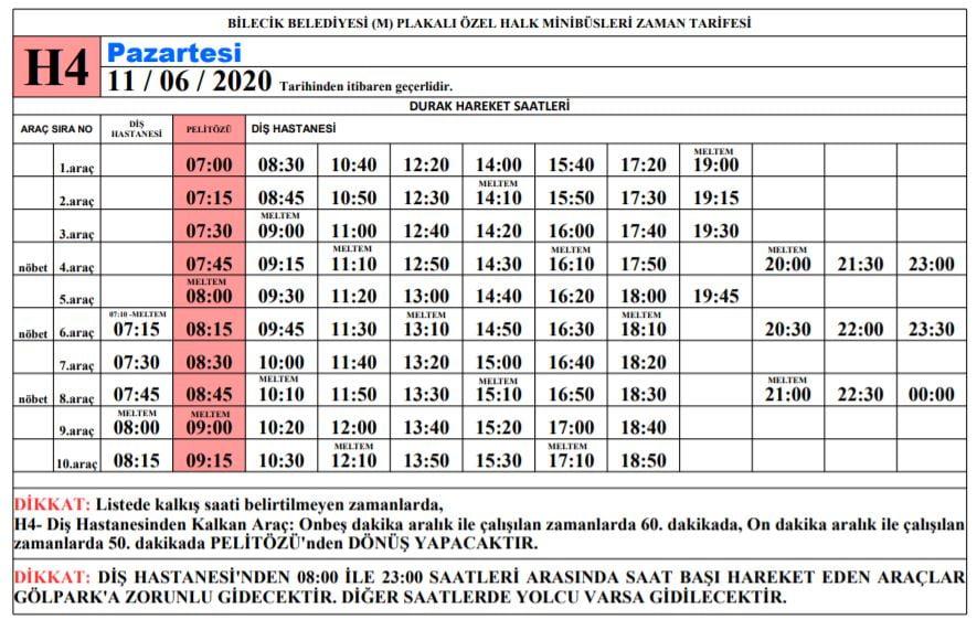 bilecik minibus saatleri h4 hattı pazartesi