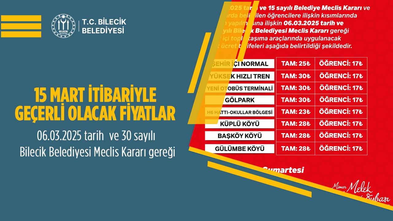 Bilecik’te 15 Mart İtibariyle Uygulanacak Ücretler